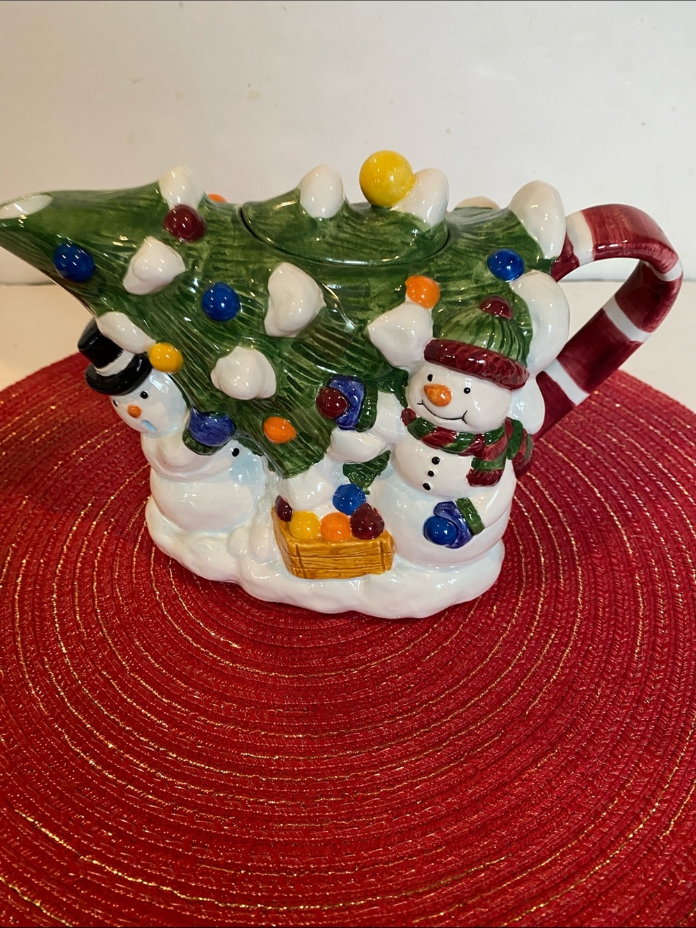 Vintage Cooks Club Ceramic Teapot with Snowmen Carrying a Christmas Tree